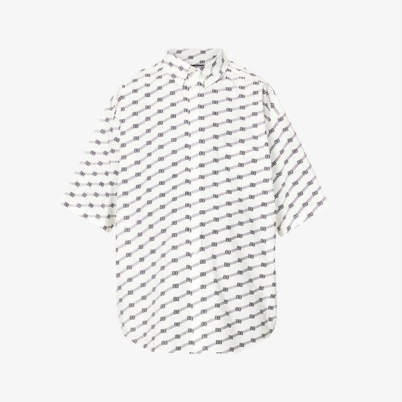 $950 Balenciaga All-Over Small BB Logo Stripe Print Poplin Shirt